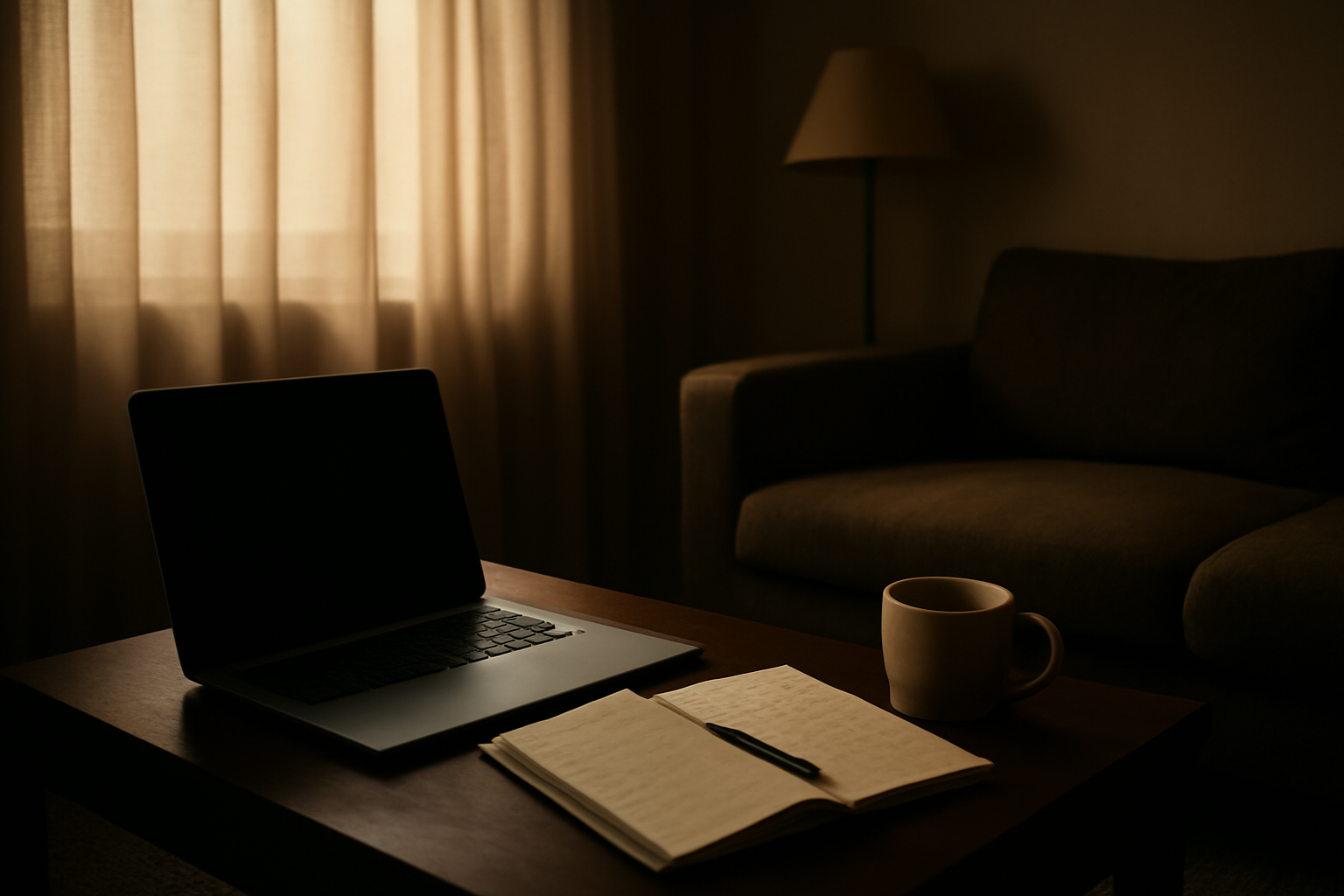 Meja ruang tamu dengan laptop dan catatan daftar film dokumenter yang akan ditonton