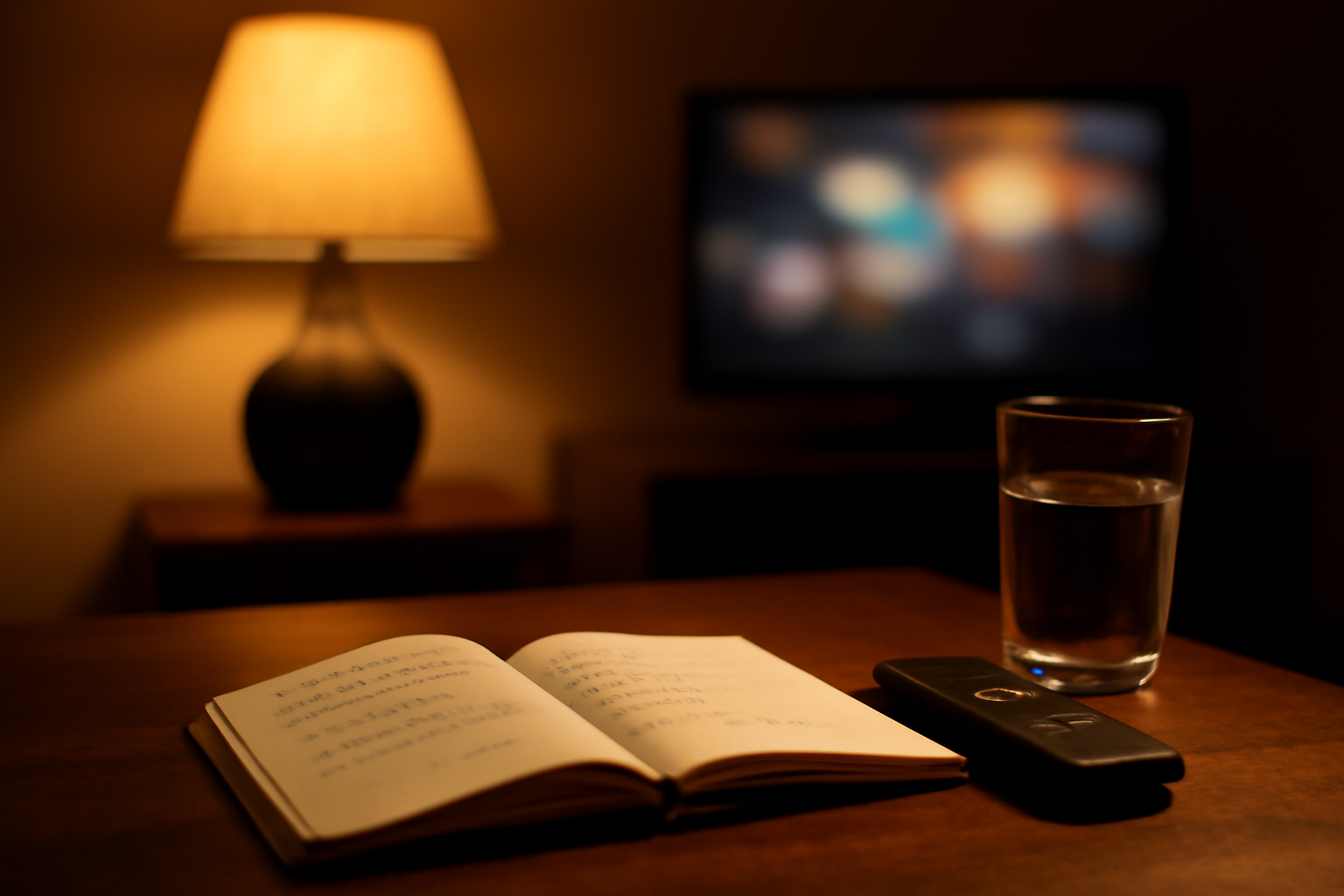 Buku catatan terbuka berisi catatan menonton film dokumenter di ruang keluarga pada malam hari