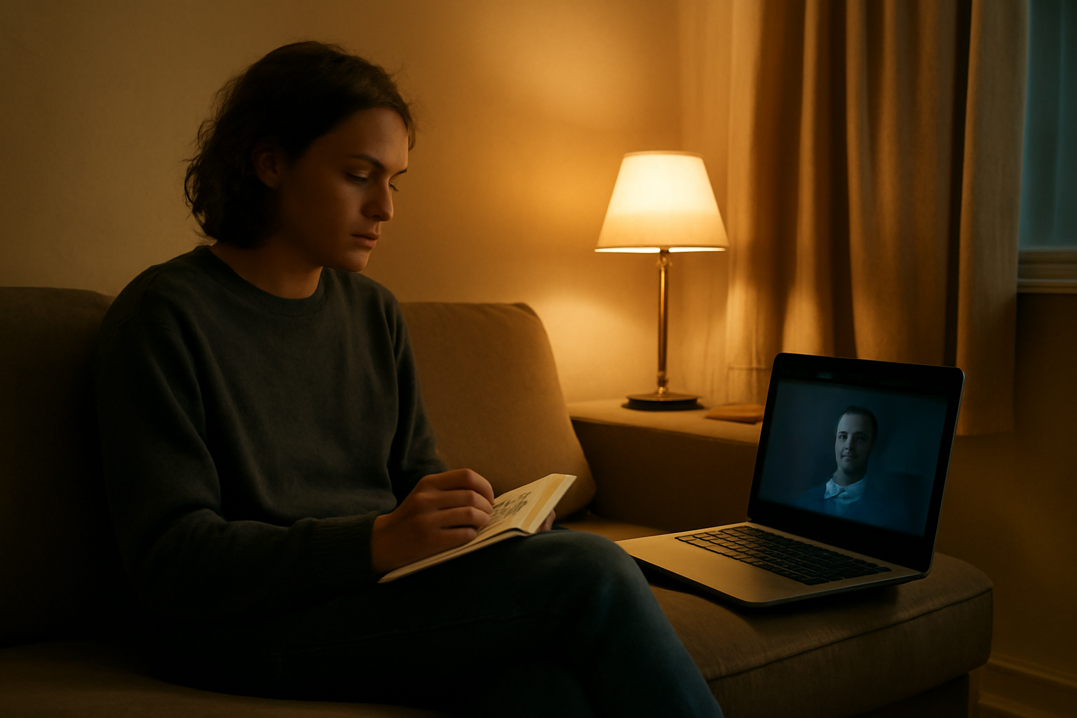 Seseorang menonton film dokumenter di laptop sambil mencatat poin penting di buku