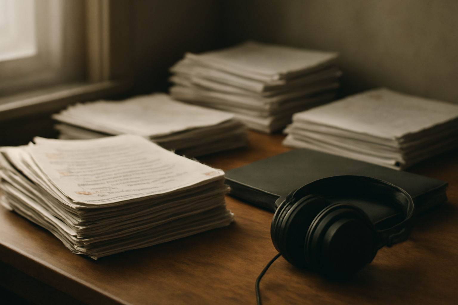 Meja kerja editing dokumenter investigasi dengan tumpukan dokumen dan headphone