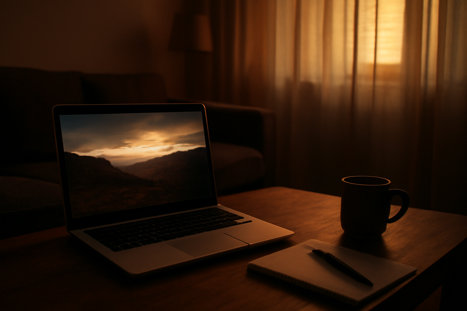 Ruangan dengan laptop menyala dan buku catatan untuk menonton dokumenter