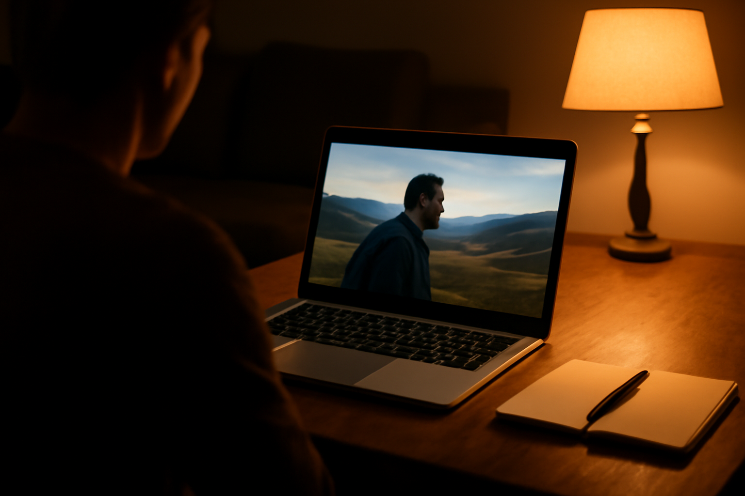 Seseorang menonton film dokumenter di laptop sambil mencatat di ruang tamu